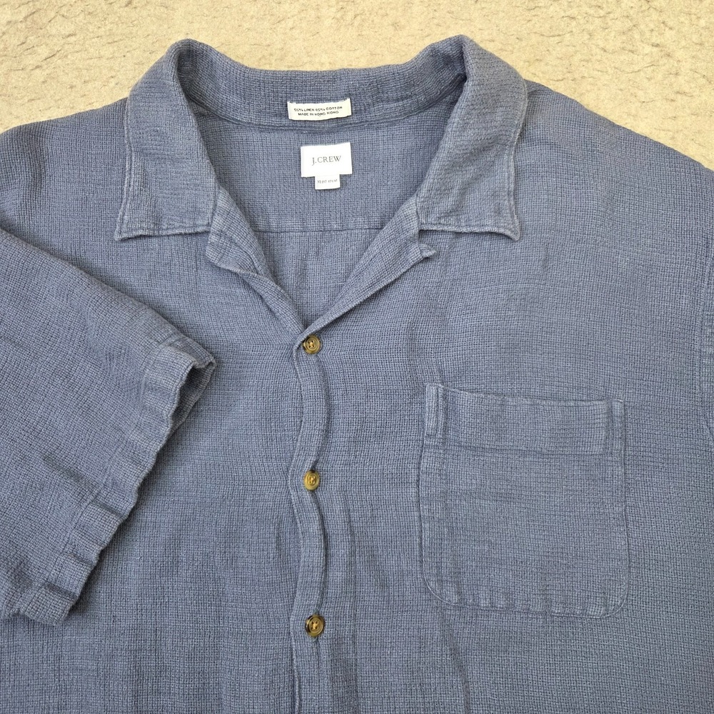 J Crew Shirt Blue Short Sleeve Button Mens XL Linen Blend Beach Casual